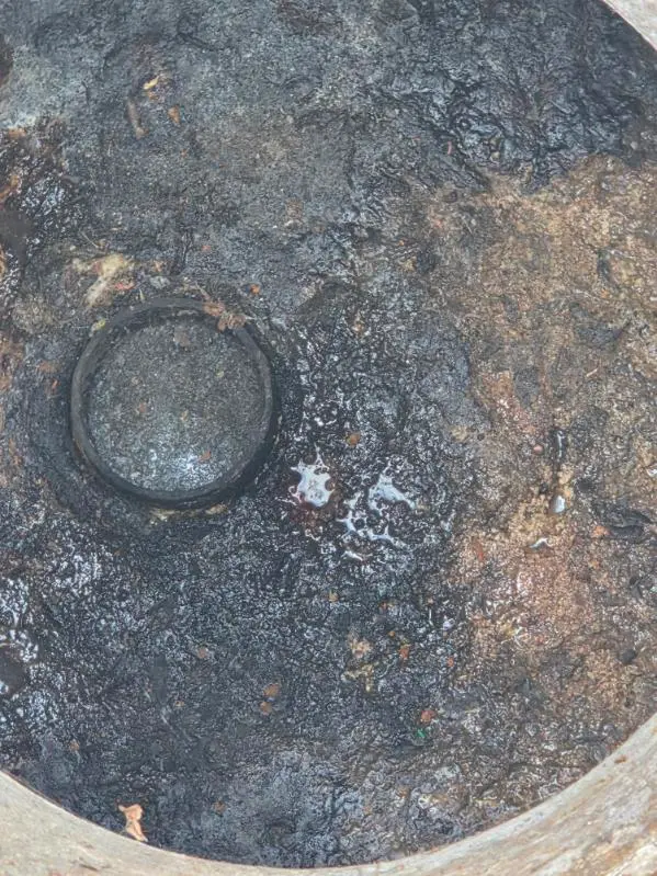 Heavy grease and scum layer inside a trap before Septic Pros pumps and cleans it